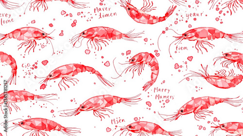 Watercolor seamless pattern featuring grilled shrimp on white background