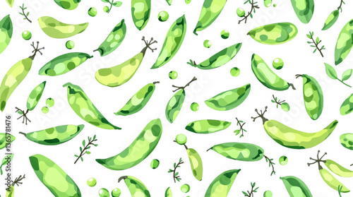 Seamless pattern with watercolor green peas drawing illustration on white background