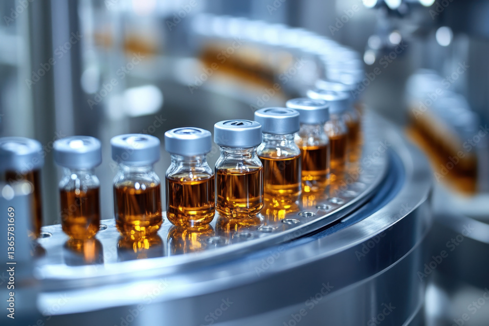 Row of vials on conveyor belt in pharmaceutical factory. Row of vials on conveyor belt in pharmaceutical factory.
