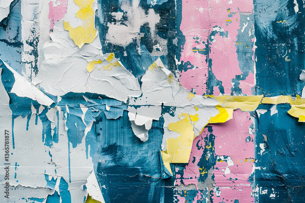 Fototapeta premium Torn posters and peeling paint on wall representing urban decay graffiti art and street art texture, concept: urban, decay, graffiti, , art