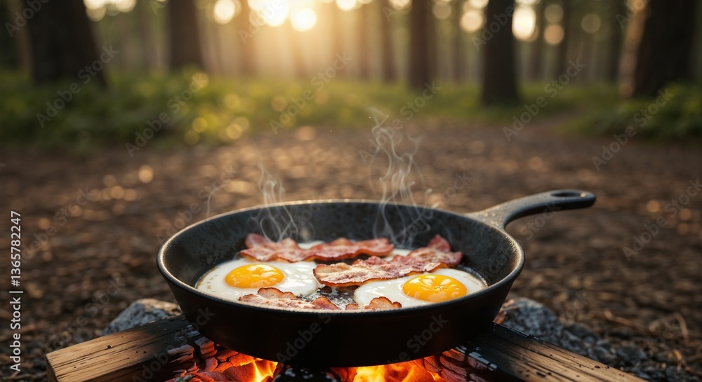 Fototapeta premium Cooking bacon and eggs on a campfire in the woods during sunrise 