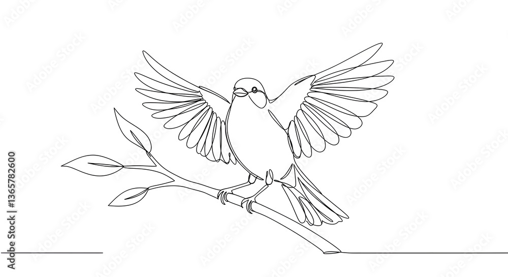 Fototapeta premium Bird spreading wings on branch in minimalist line art 