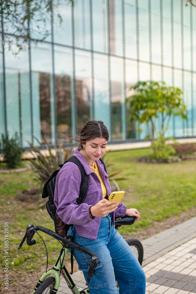 Fototapeta premium Young woman texting with one hand while leaning on her bicycle, digital lifestyle