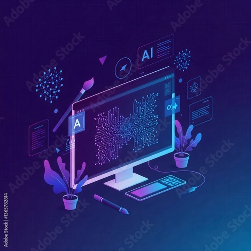 A computer monitor displaying AI technology elements with abstract designs and data patterns, representing artificial intelligence and digital technology.
