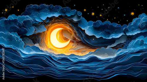 Crescent moon shines brightly through swirling, layered clouds against a dark night sky, speckled with stars