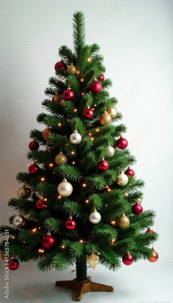 Evergreen Christmas tree with ornaments and fairy lights against a white background, decor, holiday Evergreen Christmas tree with ornaments and fairy lights against a white background, decor, holiday