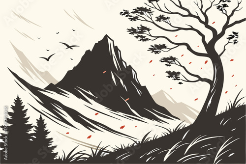 43 Abstract landscape, dark monochromatic brushstrokes, splattered ink, mountain peak, dramatic contrast, stormy atmosphere, dynamic composition, textured canvas, minimalist color palette, ethereal mi