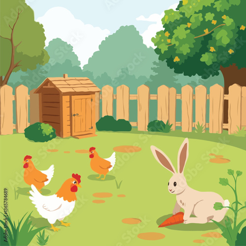 A Sunny Farmyard Scene with 3Chickens,  a White Rabbit with a Carrot, and Lush Greenery