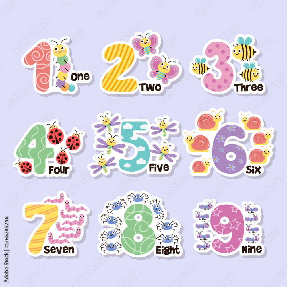 Naklejka premium Vector sticker set of colorful numbers and cute insects. Math for kids 
