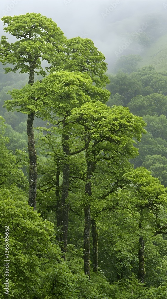 Fototapeta premium Lush green trees in a misty forest. Serene nature scene.