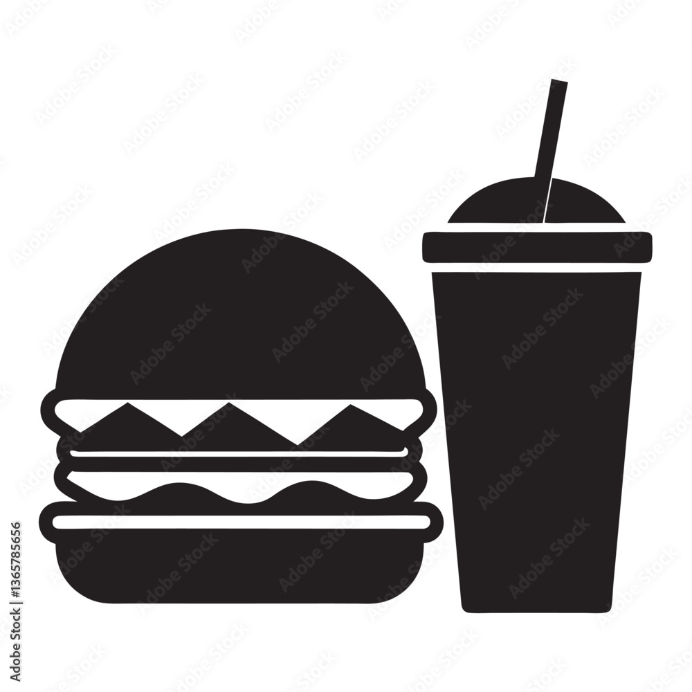 Burger and drink icon, hamburger and soda black silhouette vector on white background Burger and drink icon, hamburger and soda black silhouette vector on white background