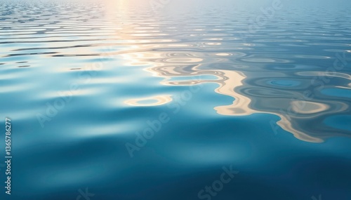 Calm lake surface, ripple patterns reflecting sky, surface, sunlight, horizon