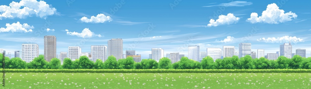 Fototapeta premium City skyline, park, meadow, sunny day, idyllic urban landscape