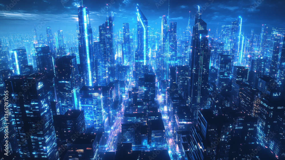 A futuristic cityscape illuminated by vibrant blue neon lights, creating a dynamic and modern atmosphere A futuristic cityscape illuminated by vibrant blue neon lights, creating a dynamic and modern atmosphere