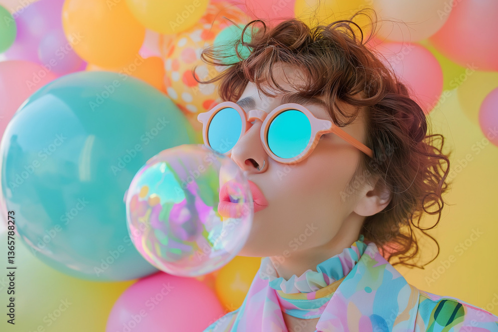 A creative and vibrant party concept featuring a young girl blowing a bubble gum bubble while wearing sunglasses, surrounded by helium balloons, symbolizing joy and love. A creative and vibrant party concept featuring a young girl blowing a bubble gum bubble while wearing sunglasses, surrounded by helium balloons, symbolizing joy and love.