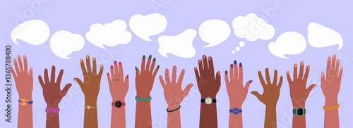 Group of diverse multiracial hands raised up and speech bubbles. Cooperation, communication, opinions exchange. Hand drawn vector vector illustration isolated on purple background, flat cartoon style.