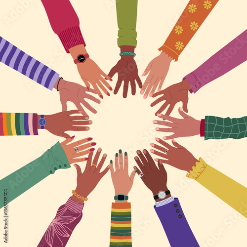 Many multiracial hands on top of each other in a circle. Diverse people and cultures, tolerance, racial equality. Hand drawn vector vector illustration isolated on light background, flat cartoon style
