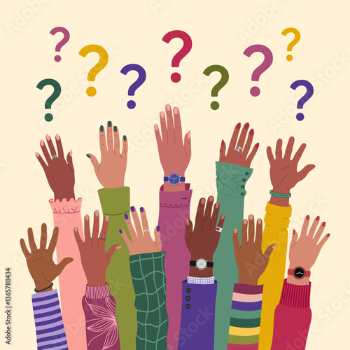 Many diverse multiracial raised hands and questions marks. FAQ and questions concept. Hand drawn vector vector illustration isolated on light background, flat cartoon style.
