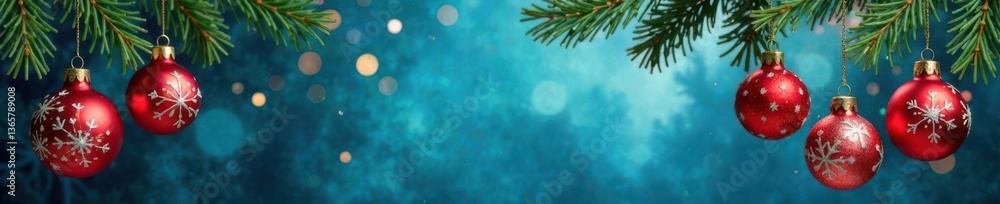 Fototapeta premium Hanging Christmas ornaments with festive elements on a blue background, blue color scheme, Christmas decorations