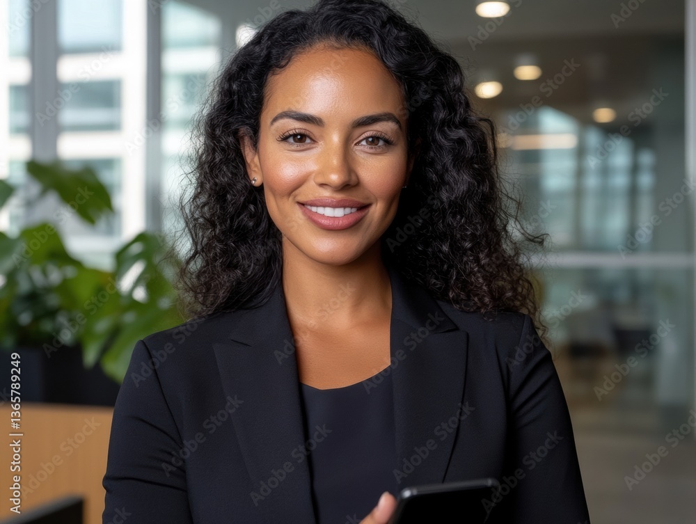 Professional Latin business woman engaged in text messaging at a modern office setting during a productive workday Professional Latin business woman engaged in text messaging at a modern office setting during a productive workday