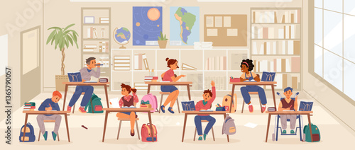 School classroom interior with diverse pupils sitting at desks studying, backpacks and school supplies flat vector illustration.