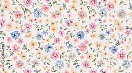 Seamless pattern with watercolor colorful flowers drawing illustration on white background