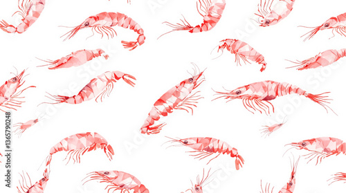 Watercolor seamless pattern featuring grilled shrimp on white background