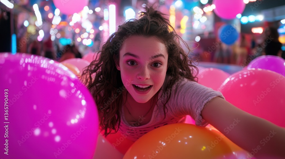 Fototapeta premium Person in ball pit having fun and smiling