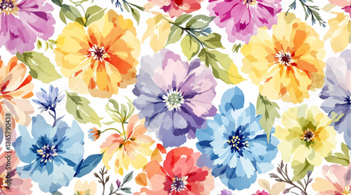 Seamless pattern with watercolor colorful flowers drawing illustration on white background