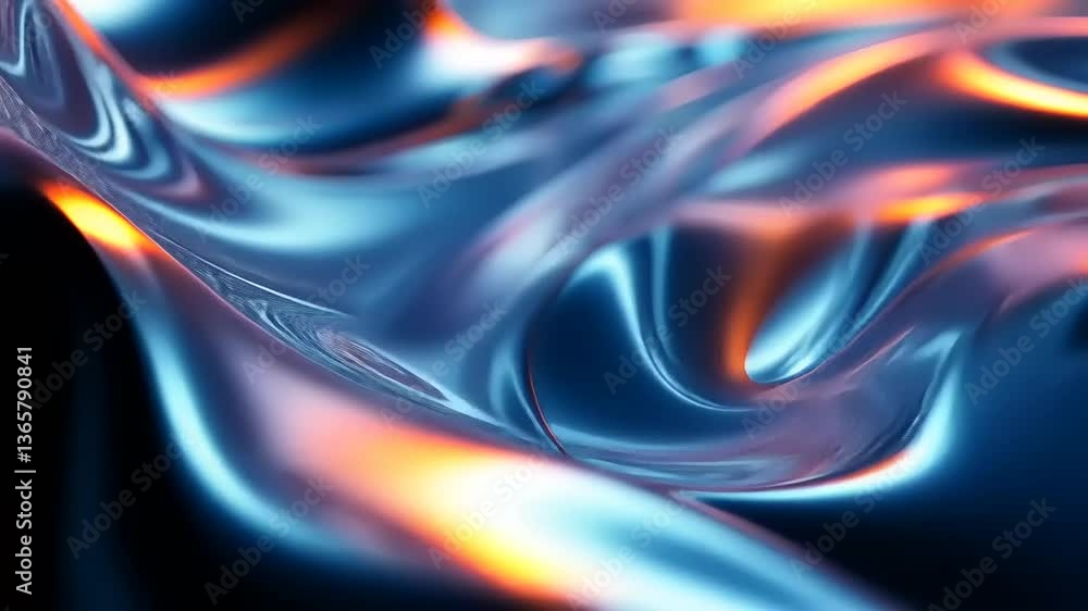 A flowing, abstract metallic liquid with a vibrant interplay of blue and orange hues.