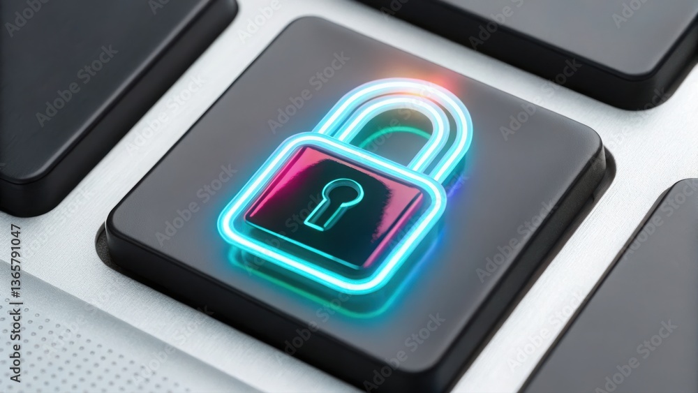 A neon lit futuristic padlock on a computer keyboard representing data security and digital protection A neon lit futuristic padlock on a computer keyboard representing data security and digital protection