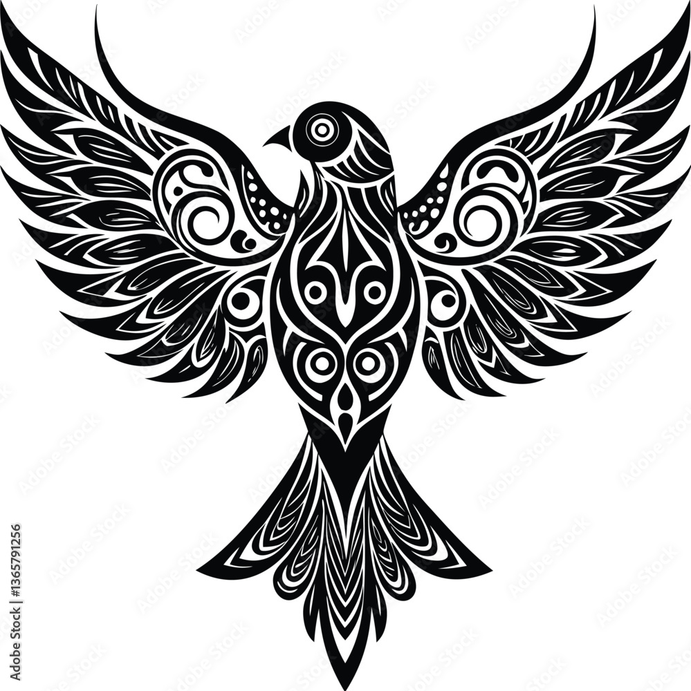 Obraz premium Intricate Tribal Dove Vector Illustration: Symbolic Bird with Ornate Feather Details