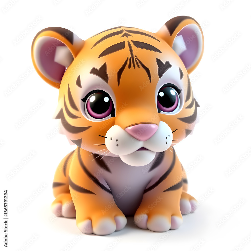 Tiger – 3D baby tiger, tiny soft stripes, round plump body, big shiny eyes, pastel orange and lilac tones, white background Generative AI Tiger – 3D baby tiger, tiny soft stripes, round plump body, big shiny eyes, pastel orange and lilac tones, white background Generative AI
