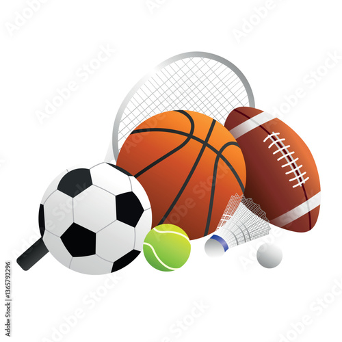 Sports Equipment Collection – Soccer, Basketball, Tennis, Badminton, Perfect for illustrating sports themes, athletic competitions, fitness, active lifestyle, and recreation