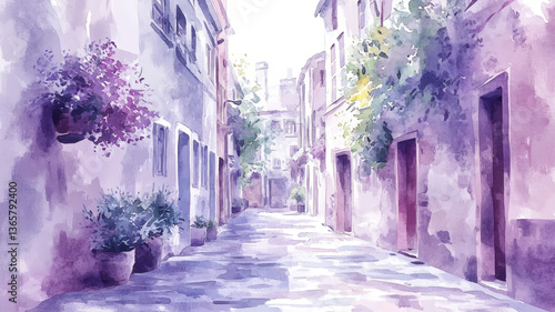 Charming watercolor painting of a quaint floral alleyway.