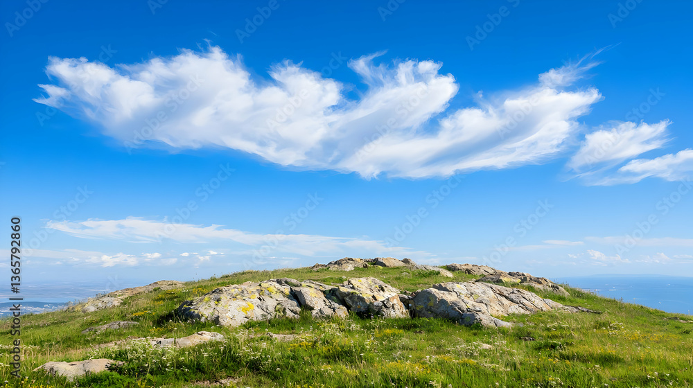 Scenic Hilltop With Lush Green Grass Under Bright Blue Sky Featuring Wispy White Clouds Over Distant Coastline Scenic Hilltop With Lush Green Grass Under Bright Blue Sky Featuring Wispy White Clouds Over Distant Coastline