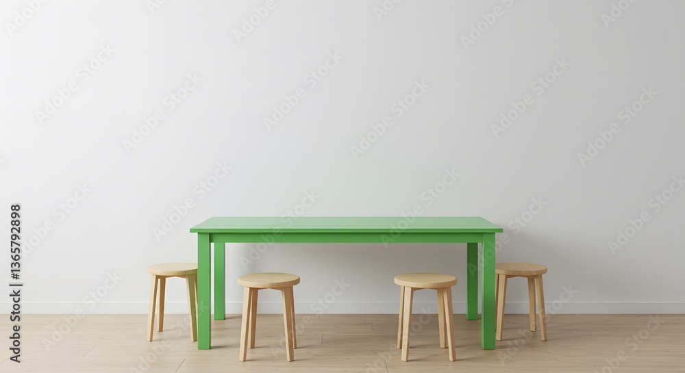 Obraz premium A simple, inviting green table surrounded by light wood stools in a bright, minimalist room, exuding calm serenity and understated elegance.