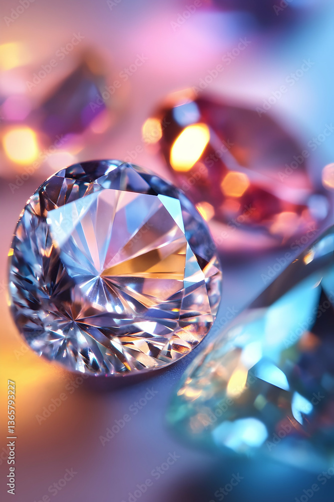 Close-up of diamonds and precious gems under soft lighting - Close-up of diamonds and precious gems under soft lighting -