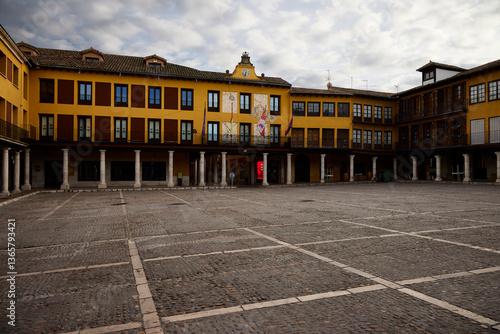 Plaza Mayor of Tordesillas (Spain). Typical Castilian square with arcades and houses with balconies. The town hall is located in this square.