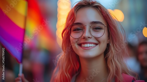 Smiling woman with rainbow flag at city parade