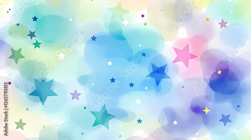 Smiling stars in various colors depicted in soft watercolor illustration set. Objects in vibrant pastel tones isolated on transparent background	