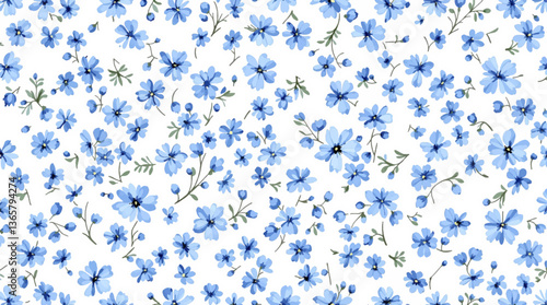 Blue flowers seamless pattern.Floral endless print.Wildflowers.Watercolor flower background.Retro style