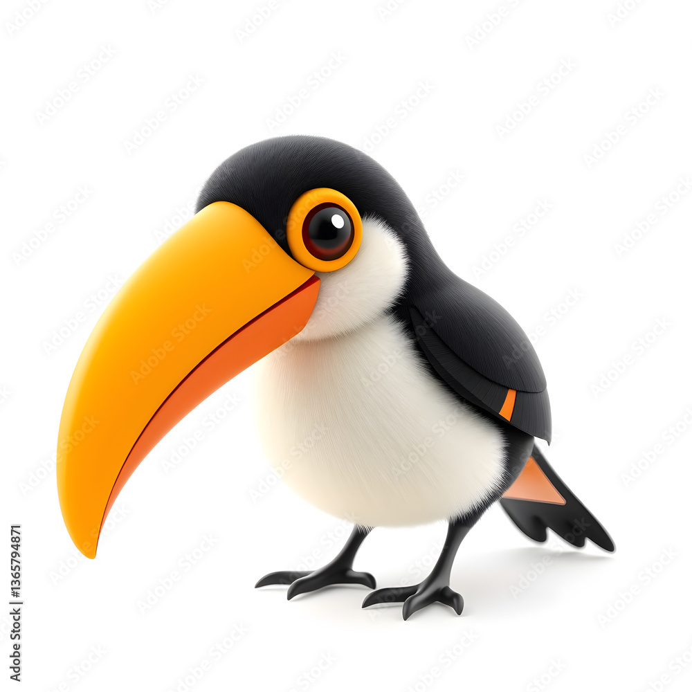 Naklejka premium Toucan – 3D baby toucan, small soft feathers, tiny curved beak, bright big eyes, pastel black and orange tones, white background Generative AI