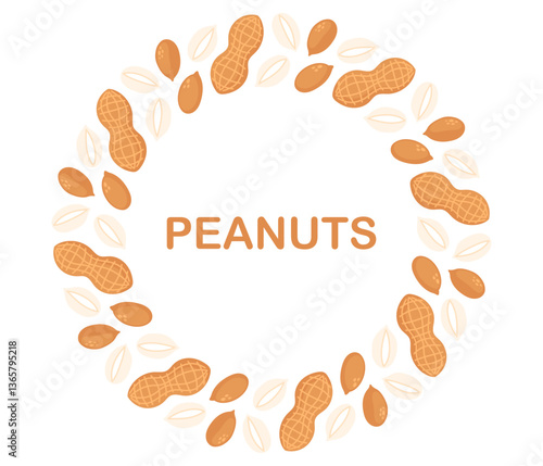 Nuts circle frame. Round peanuts border. Peanut butter ingredient. Flat Vector illustration isolated on white background