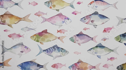 Seamless pattern with color fishes on white background. Watercolor illustration.