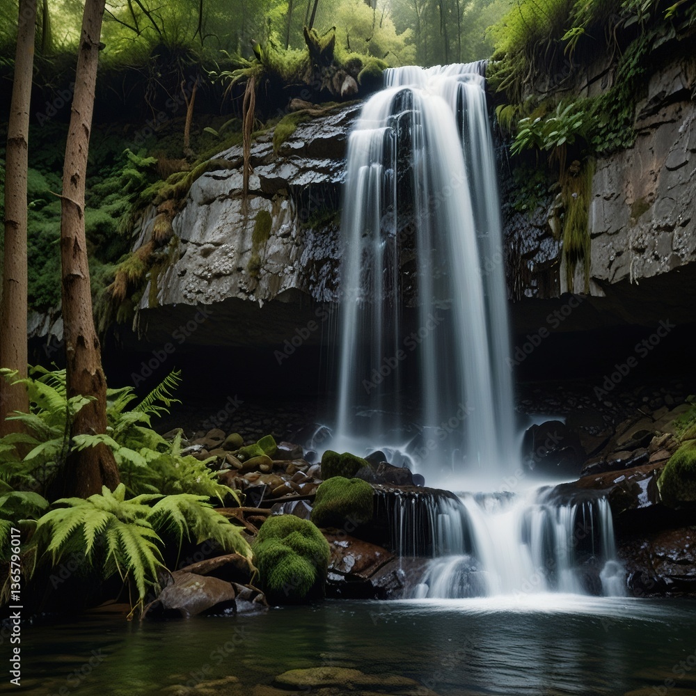 Obraz premium A tall, majestic waterfall in a forest, captured in vertical composition.