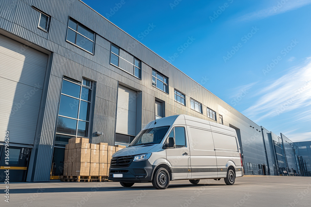White van parked outside brick building with glass windows, clear sky in background. White van parked outside brick building with glass windows, clear sky in background.