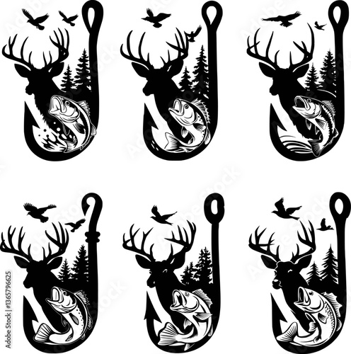Deer fish tree scene on fishing hook