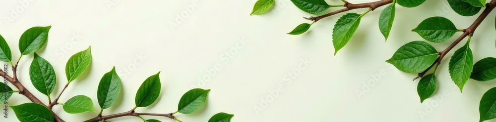 Dark green leaves and twigs on a light-colored surface, brown, spring, nature Dark green leaves and twigs on a light-colored surface, brown, spring, nature