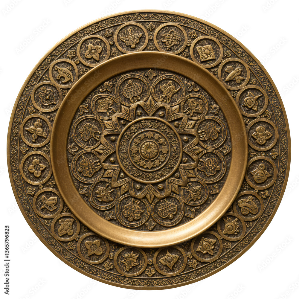 Ornate Brass Circular Plate with Intricate Design Ornate Brass Circular Plate with Intricate Design